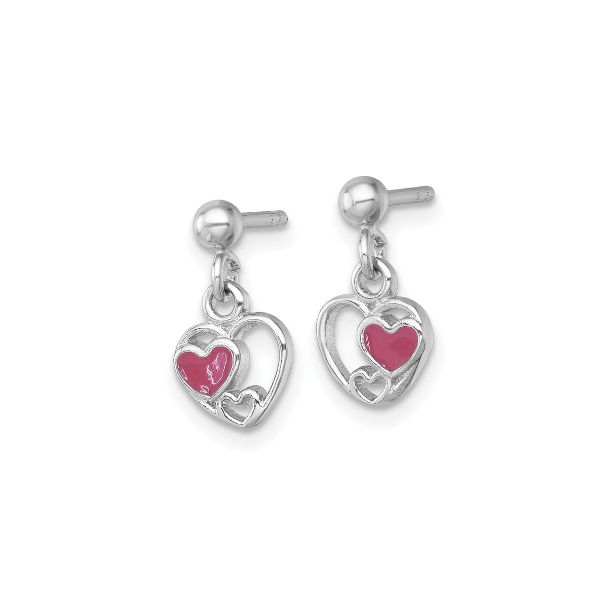 Sterling Silver Open Heart Dangle Earrings with Pink Enamel Accent, Triple Heart Design for Women