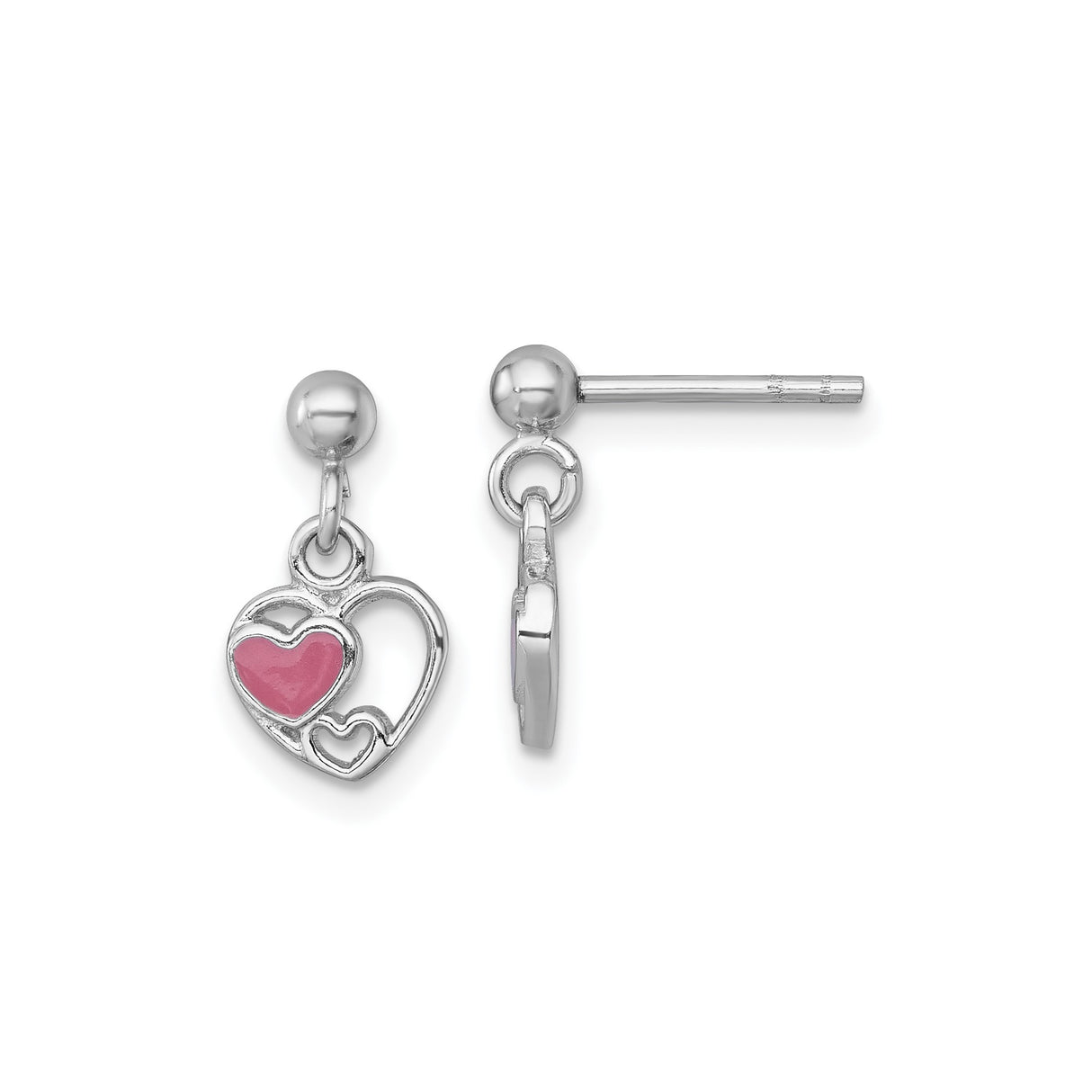 Sterling Silver Open Heart Dangle Earrings with Pink Enamel Accent, Triple Heart Design for Women