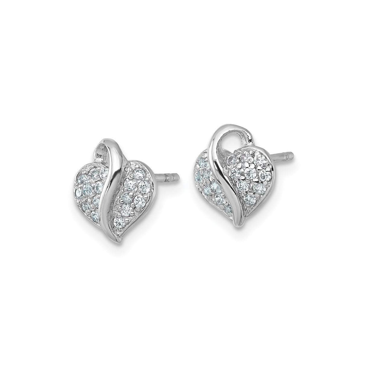 Sterling Silver Heart Stud Earrings with Cubic Zirconia and Curved Ribbon Design