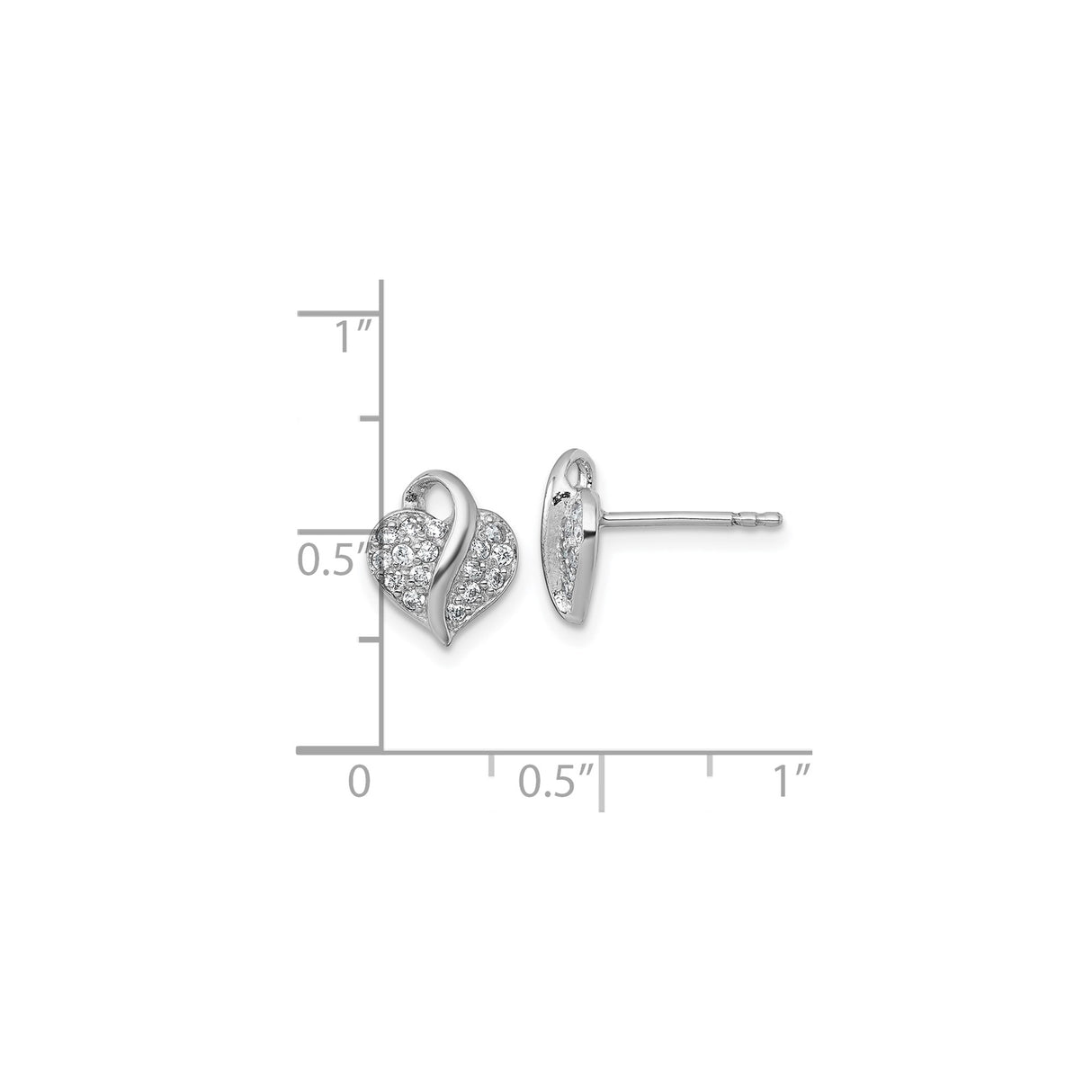 Sterling Silver Heart Stud Earrings with Cubic Zirconia and Curved Ribbon Design