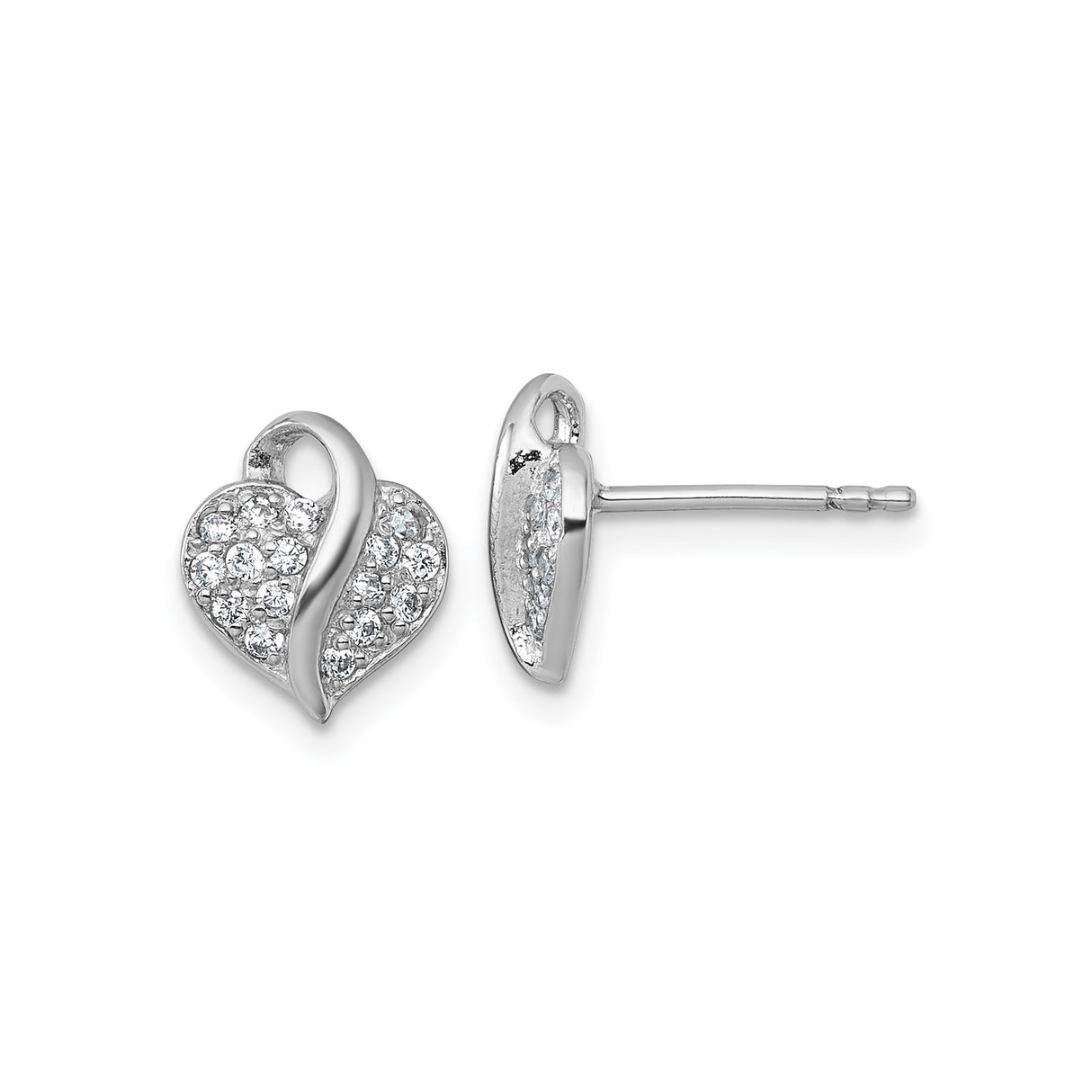 Sterling Silver Heart Stud Earrings with Cubic Zirconia and Curved Ribbon Design