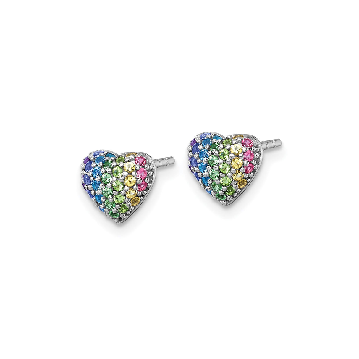Sterling Silver Heart Shaped Earrings with Multicolor Cubic Zirconia, Rainbow Studs