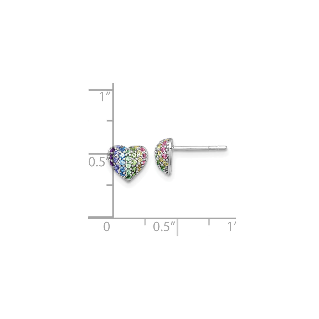 Sterling Silver Heart Shaped Earrings with Multicolor Cubic Zirconia, Rainbow Studs