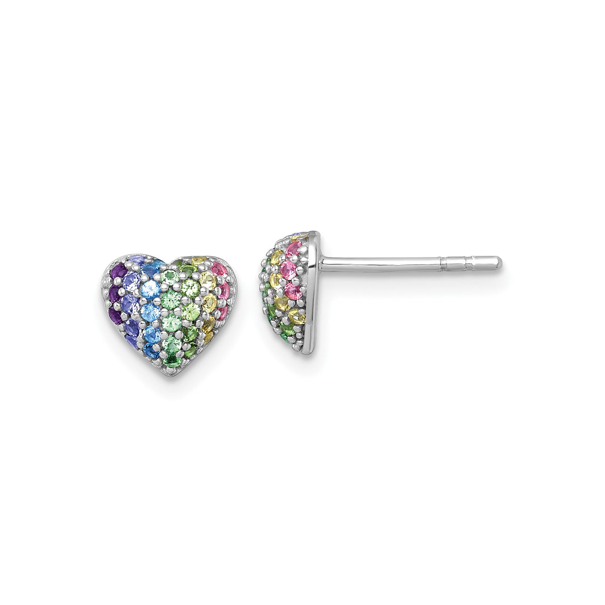 Sterling Silver Heart Shaped Earrings with Multicolor Cubic Zirconia, Rainbow Studs