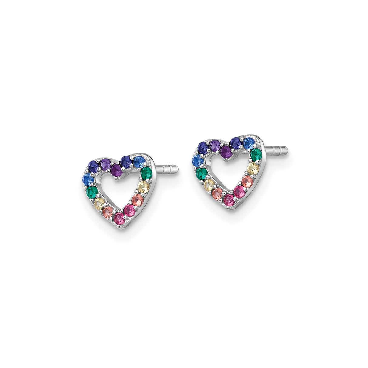 Sterling Silver Heart Stud Earrings with Multicolor Cubic Zirconia, Rainbow Crystal Design
