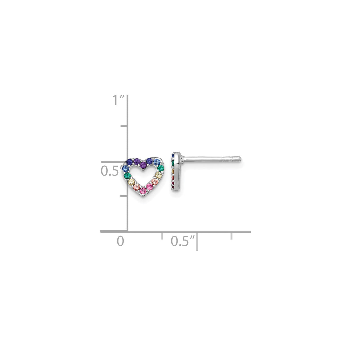 Sterling Silver Heart Stud Earrings with Multicolor Cubic Zirconia, Rainbow Crystal Design