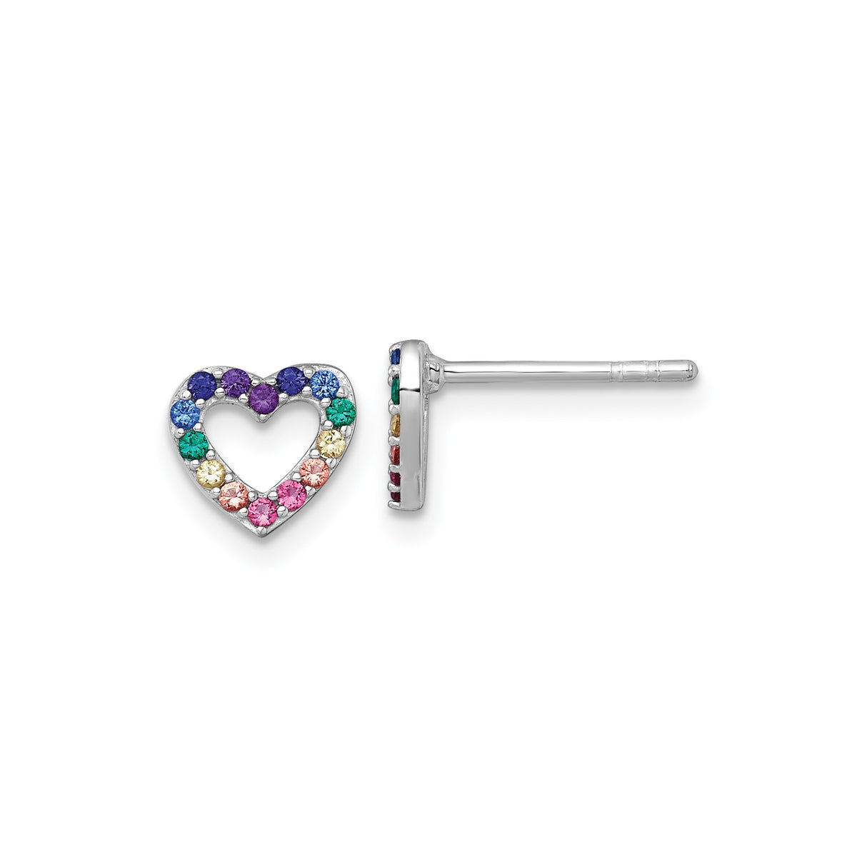 Sterling Silver Heart Stud Earrings with Multicolor Cubic Zirconia, Rainbow Crystal Design