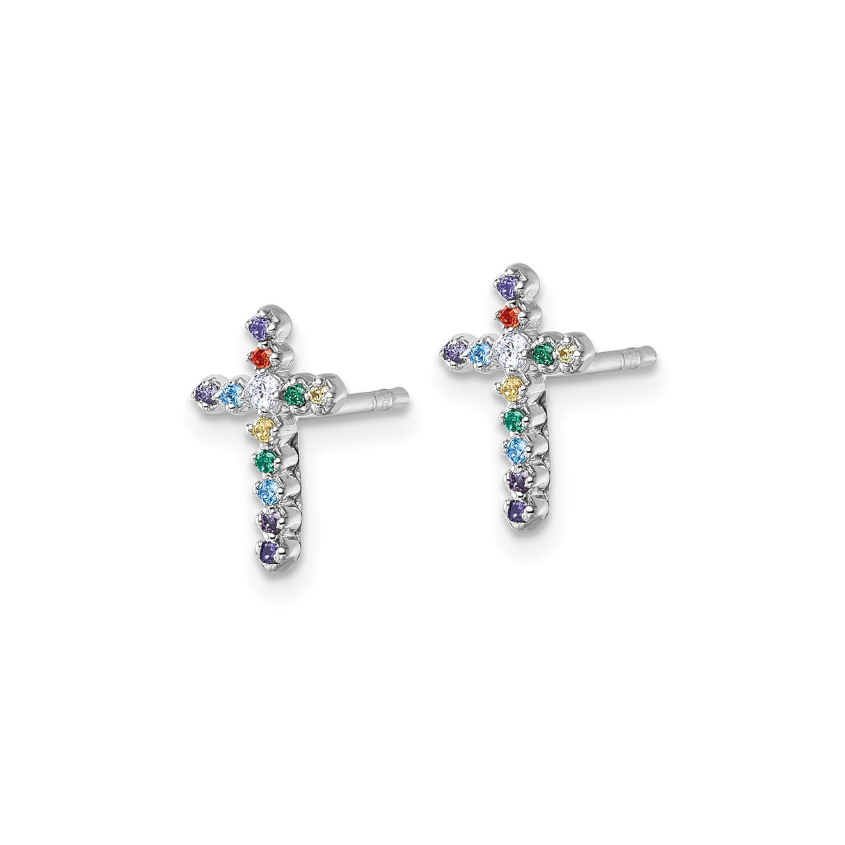 Sterling Silver Cross Stud Earrings with Multicolor Cubic Zirconia, Rainbow Christian Jewelry