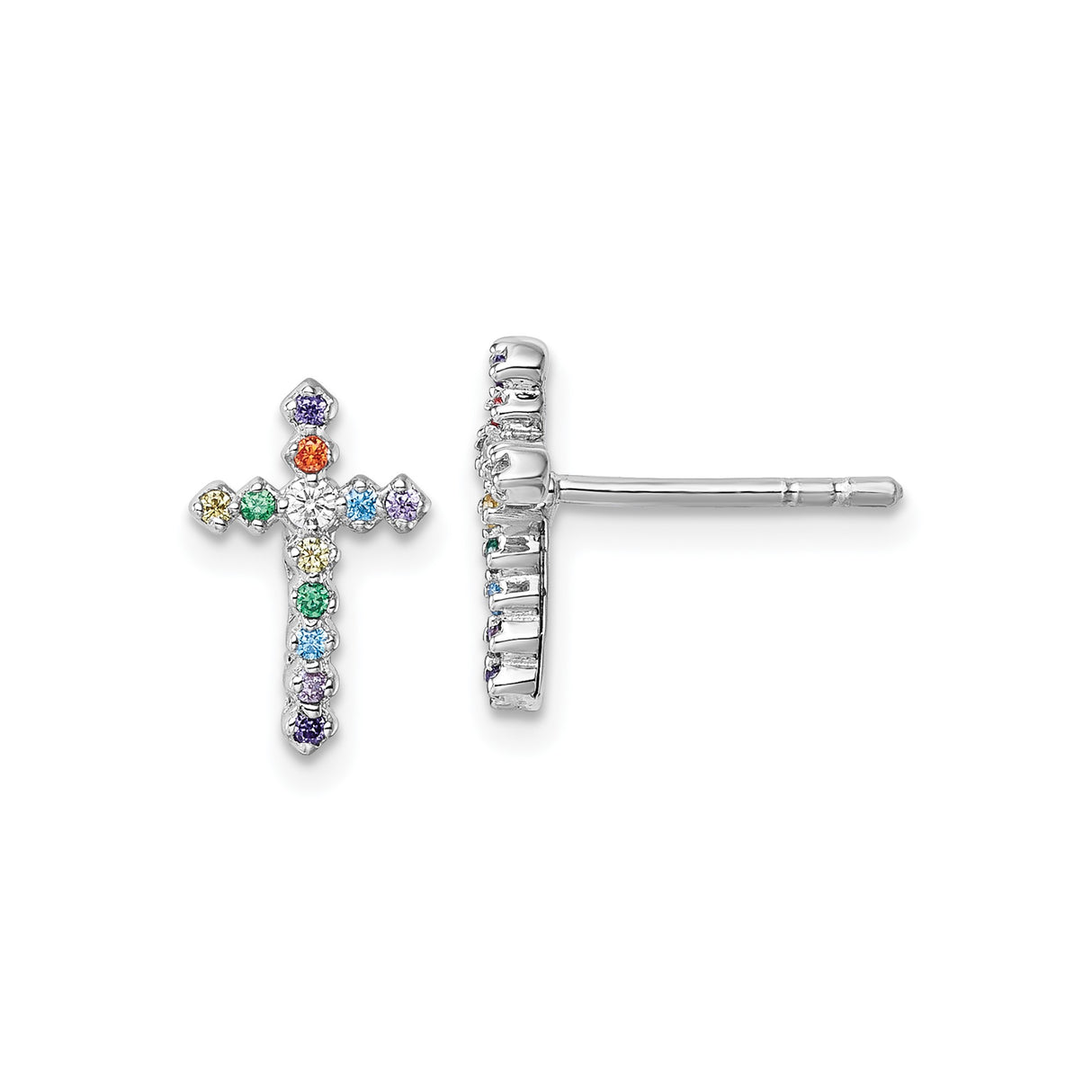 Sterling Silver Cross Stud Earrings with Multicolor Cubic Zirconia, Rainbow Christian Jewelry