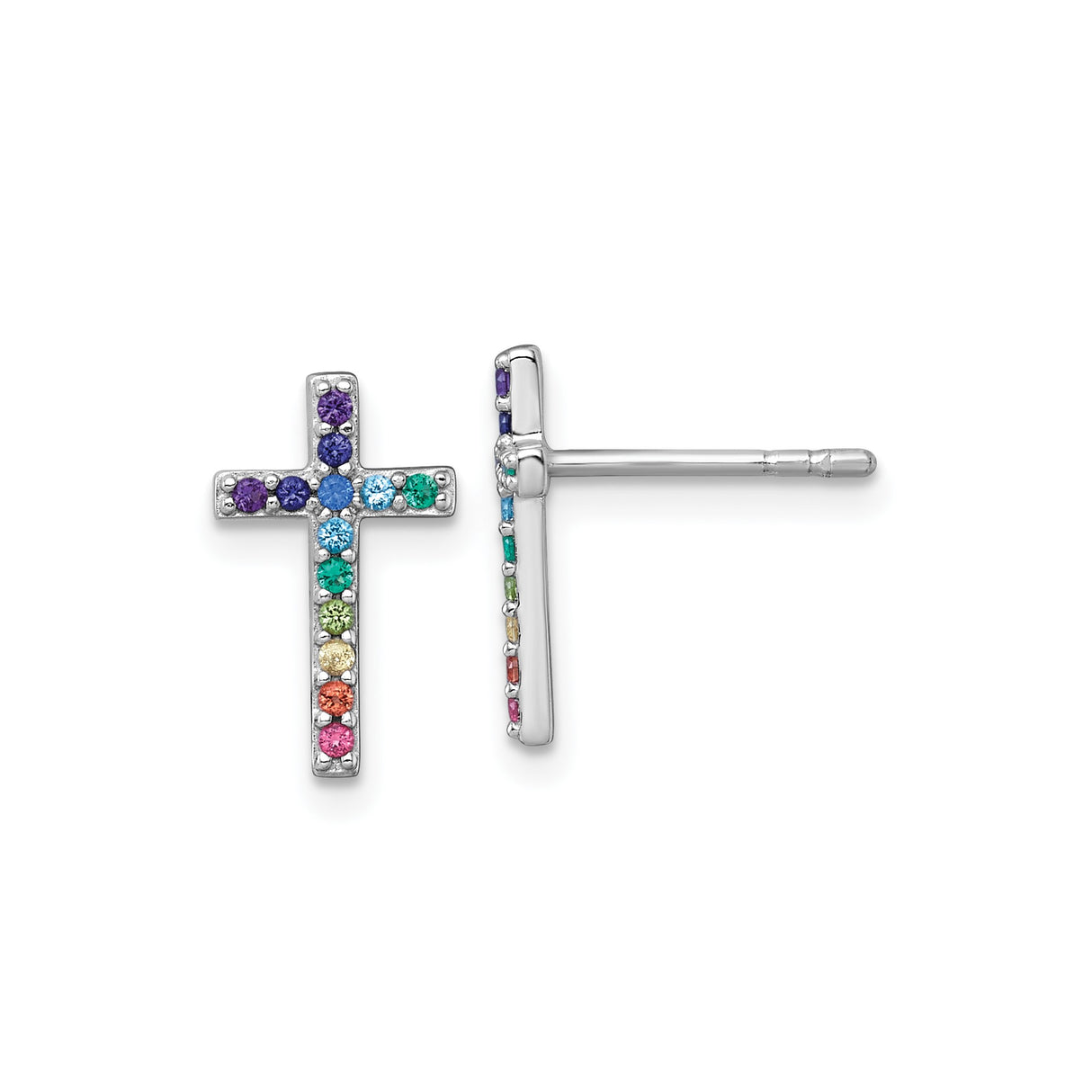 Sterling Silver Cross Earrings with Multicolored Cubic Zirconia, Rainbow Christian Jewelry for Women