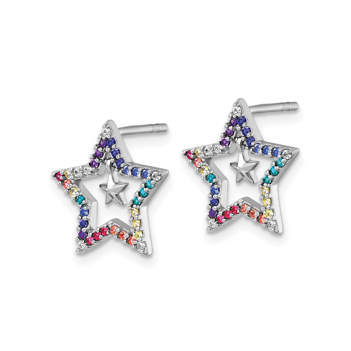 Sterling Silver Star Stud Earrings with Cubic Zirconia, Rainbow Dangle Charm Design