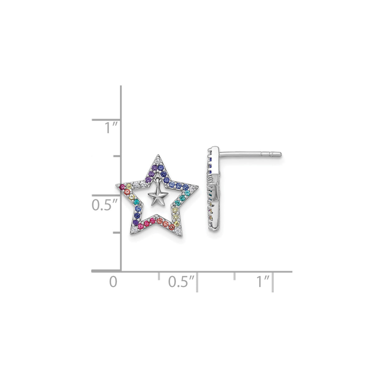 Sterling Silver Star Stud Earrings with Cubic Zirconia, Rainbow Dangle Charm Design