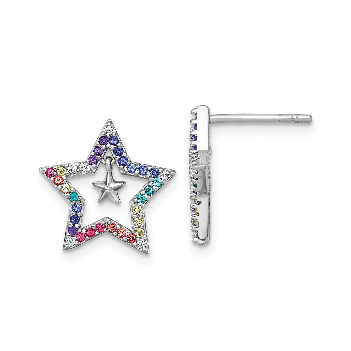 Sterling Silver Star Stud Earrings with Cubic Zirconia, Rainbow Dangle Charm Design