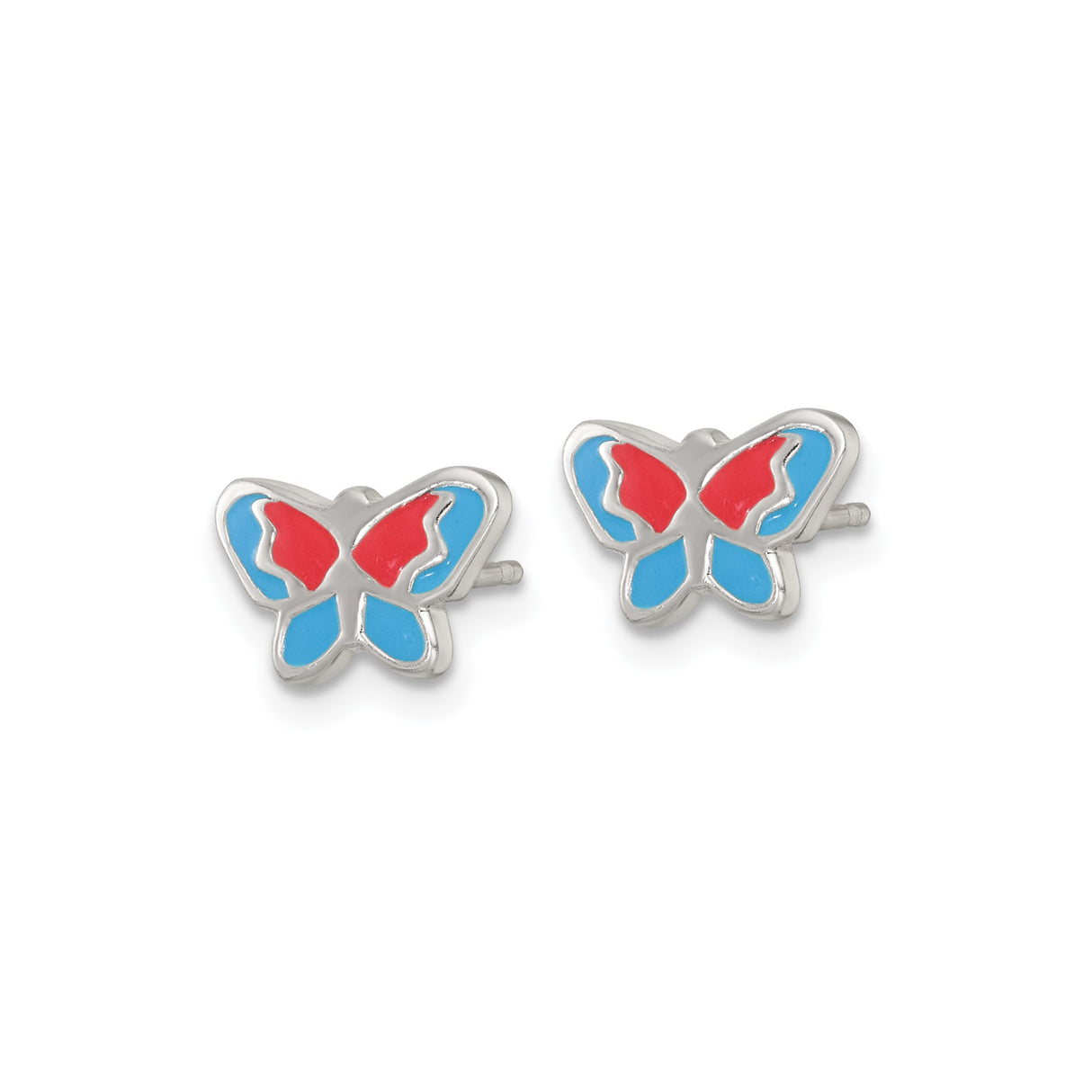 Sterling Silver Butterfly Stud Earrings with Red and Blue Enamel, Whimsical Nature Design for Women or Girls