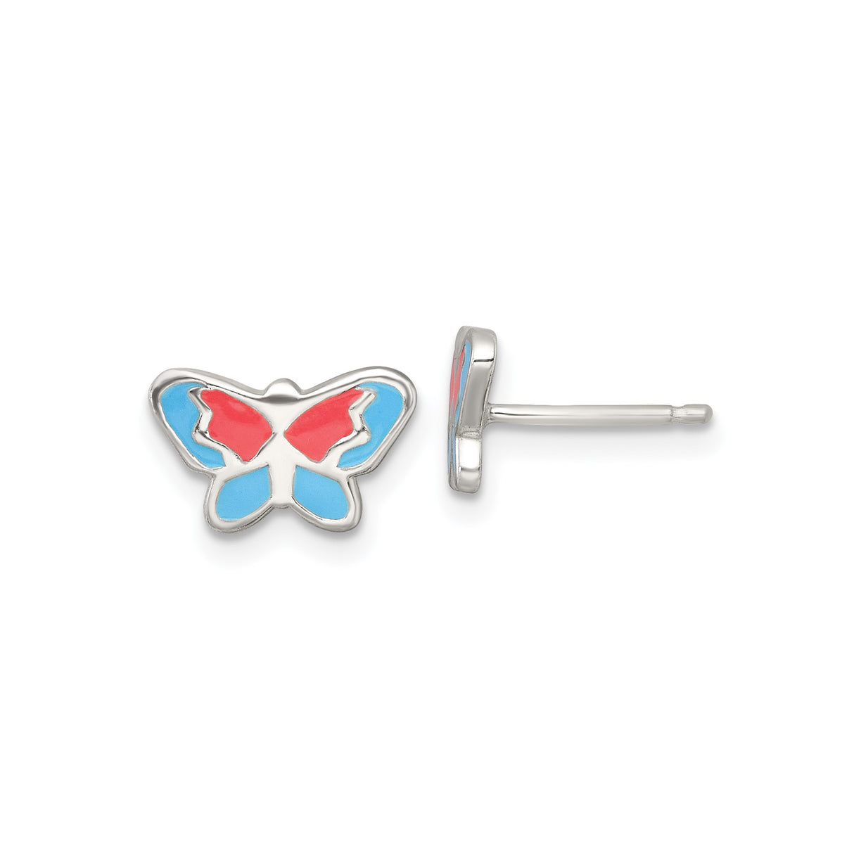 Sterling Silver Butterfly Stud Earrings with Red and Blue Enamel, Whimsical Nature Design for Women or Girls