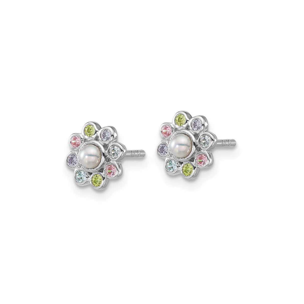 Sterling Silver Flower Stud Earrings with White Pearl Center and Pastel Cubic Zirconia