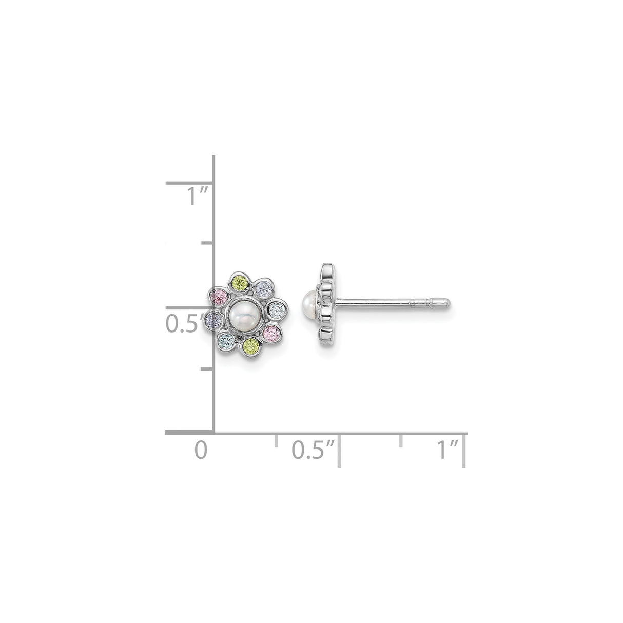 Sterling Silver Flower Stud Earrings with White Pearl Center and Pastel Cubic Zirconia