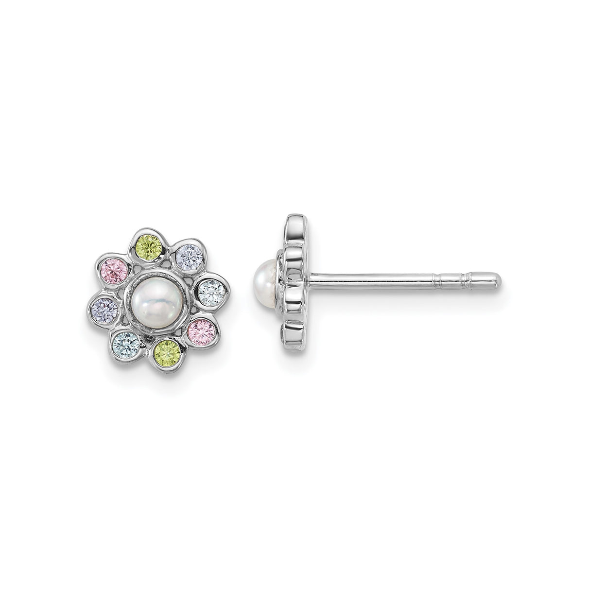 Sterling Silver Flower Stud Earrings with White Pearl Center and Pastel Cubic Zirconia