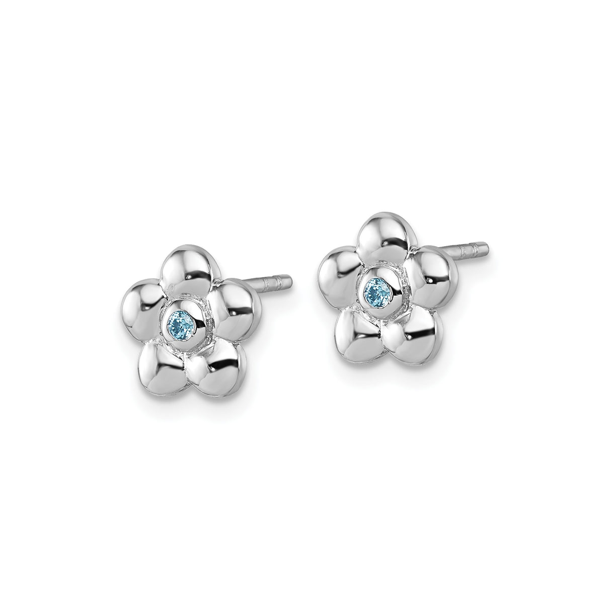 Sterling Silver Floral Stud Earrings with Blue Cubic Zirconia Center, Five Petal Design