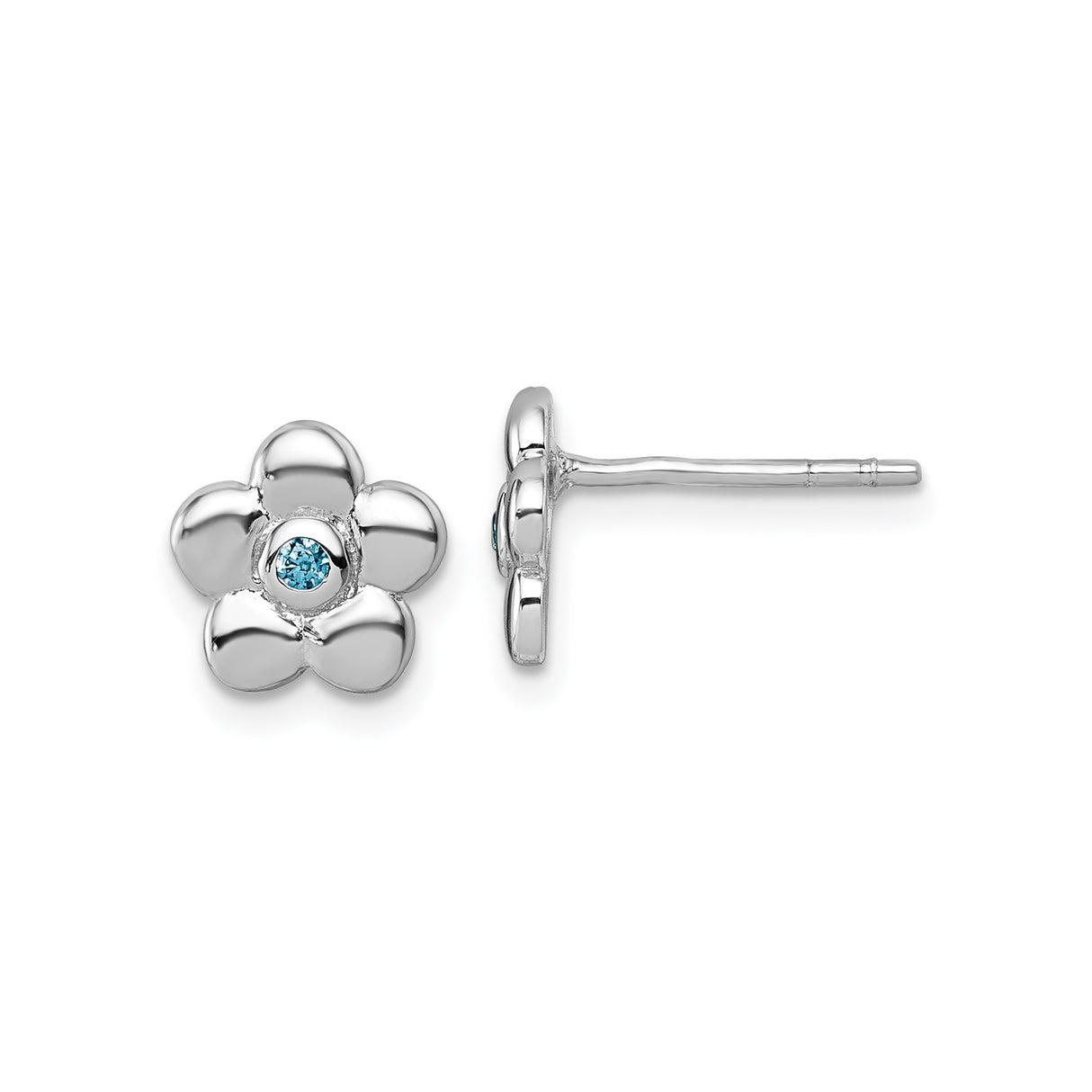 Sterling Silver Floral Stud Earrings with Blue Cubic Zirconia Center, Five Petal Design