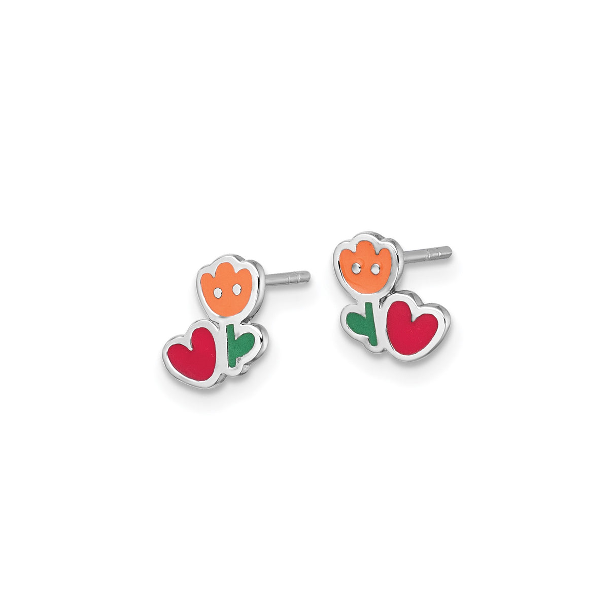 Sterling Silver Tulip Earrings with Red Heart Enamel Design, Rhodium Plated Studs