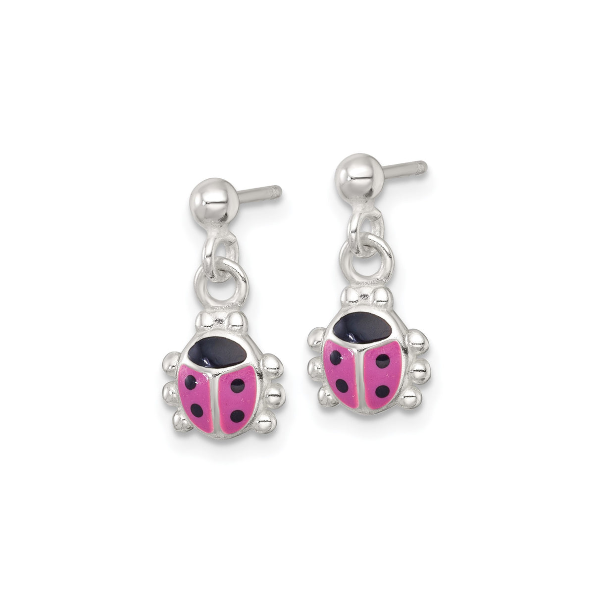 Sterling Silver Ladybug Dangle Earrings with Pink and Black Enamel, Whimsical Insect Design for Girls