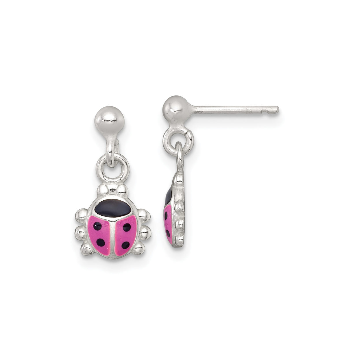 Sterling Silver Ladybug Dangle Earrings with Pink and Black Enamel, Whimsical Insect Design for Girls