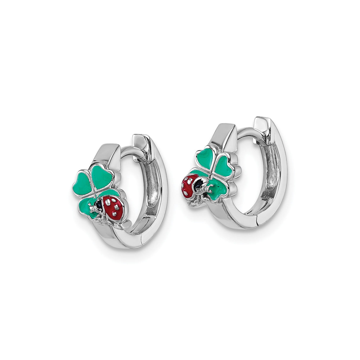 Sterling Silver Hoop Earrings with Enamel Ladybug and Shamrock Design