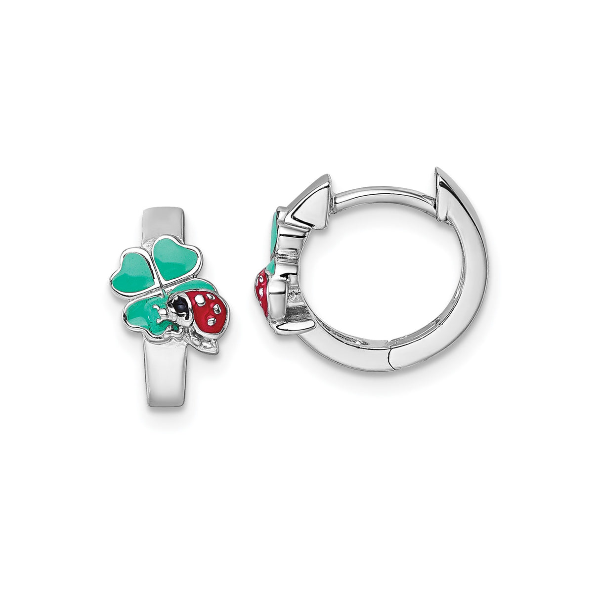 Sterling Silver Hoop Earrings with Enamel Ladybug and Shamrock Design