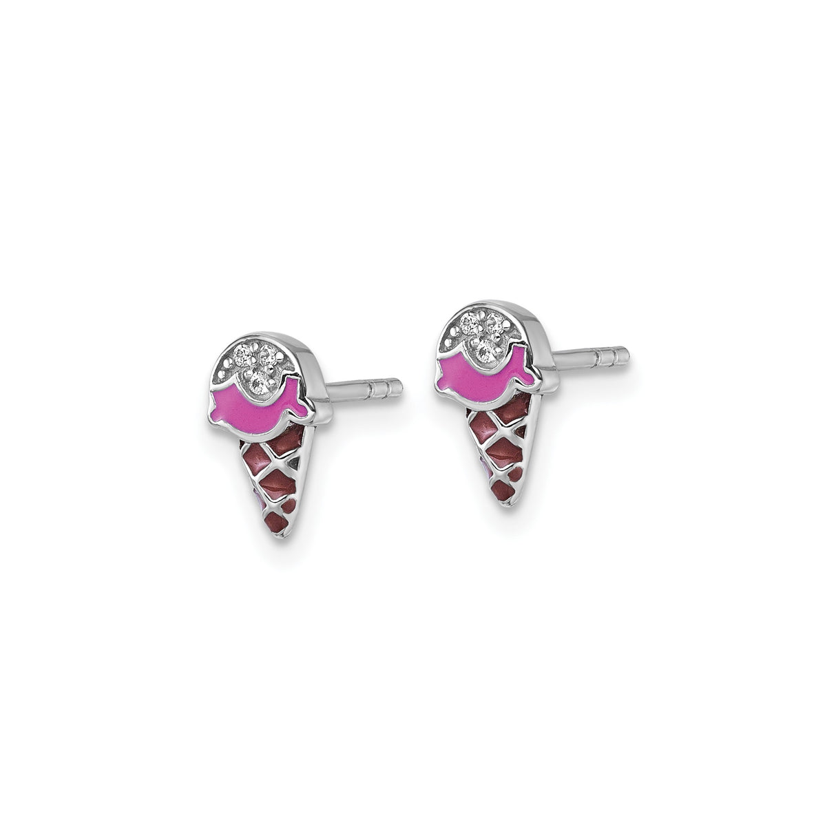 Sterling Silver Ice Cream Cone Stud Earrings with Cubic Zirconia and Enamel for Teens