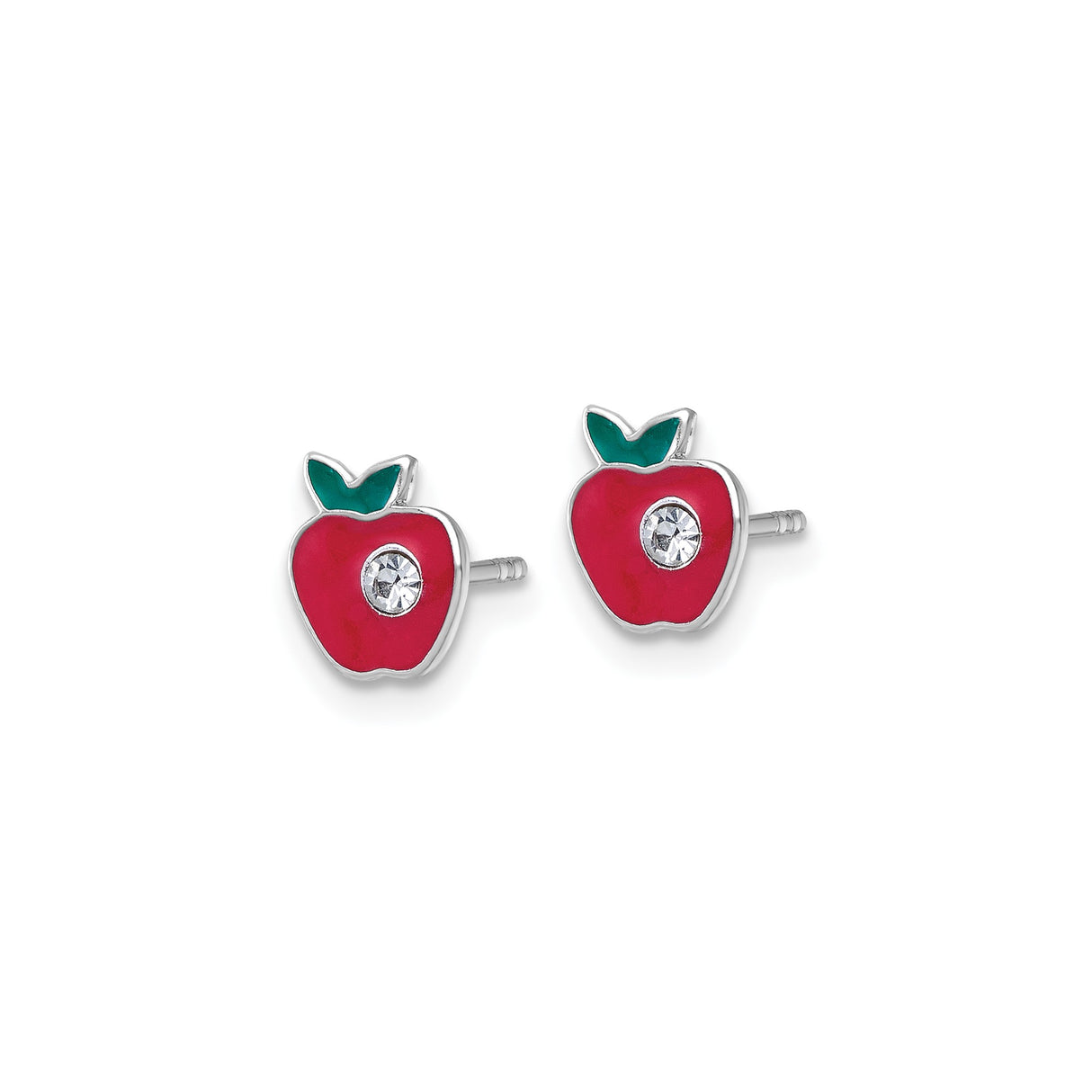 Sterling Silver Apple Stud Earrings with Red Enamel and Clear Crystal Accent