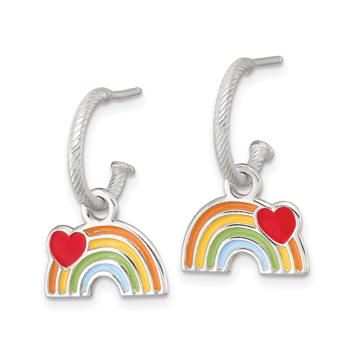 Sterling Silver Rainbow Hoop Earrings with Red Enamel Heart Charm, Lightweight Dangle Style for Women and Girls