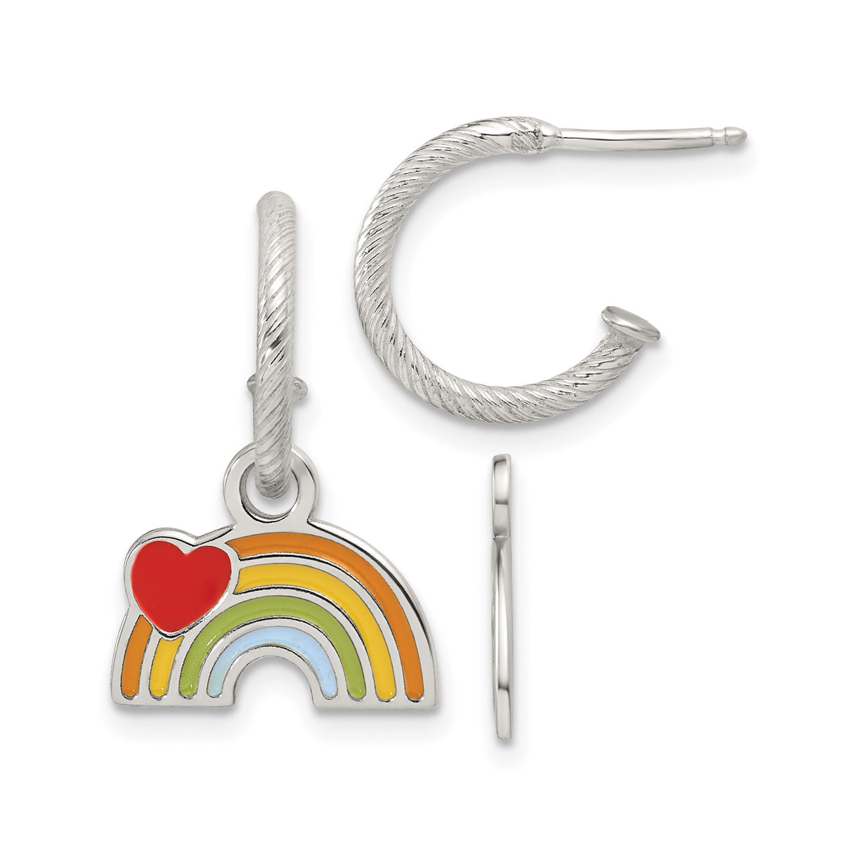 Sterling Silver Rainbow Hoop Earrings with Red Enamel Heart Charm, Lightweight Dangle Style for Women and Girls