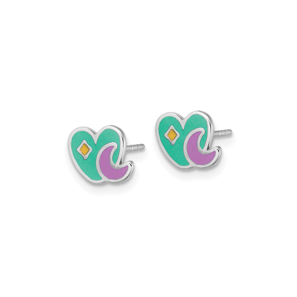 Sterling Silver Heart Stud Earrings with Green Enamel, Pink Moon and Yellow Diamond Design