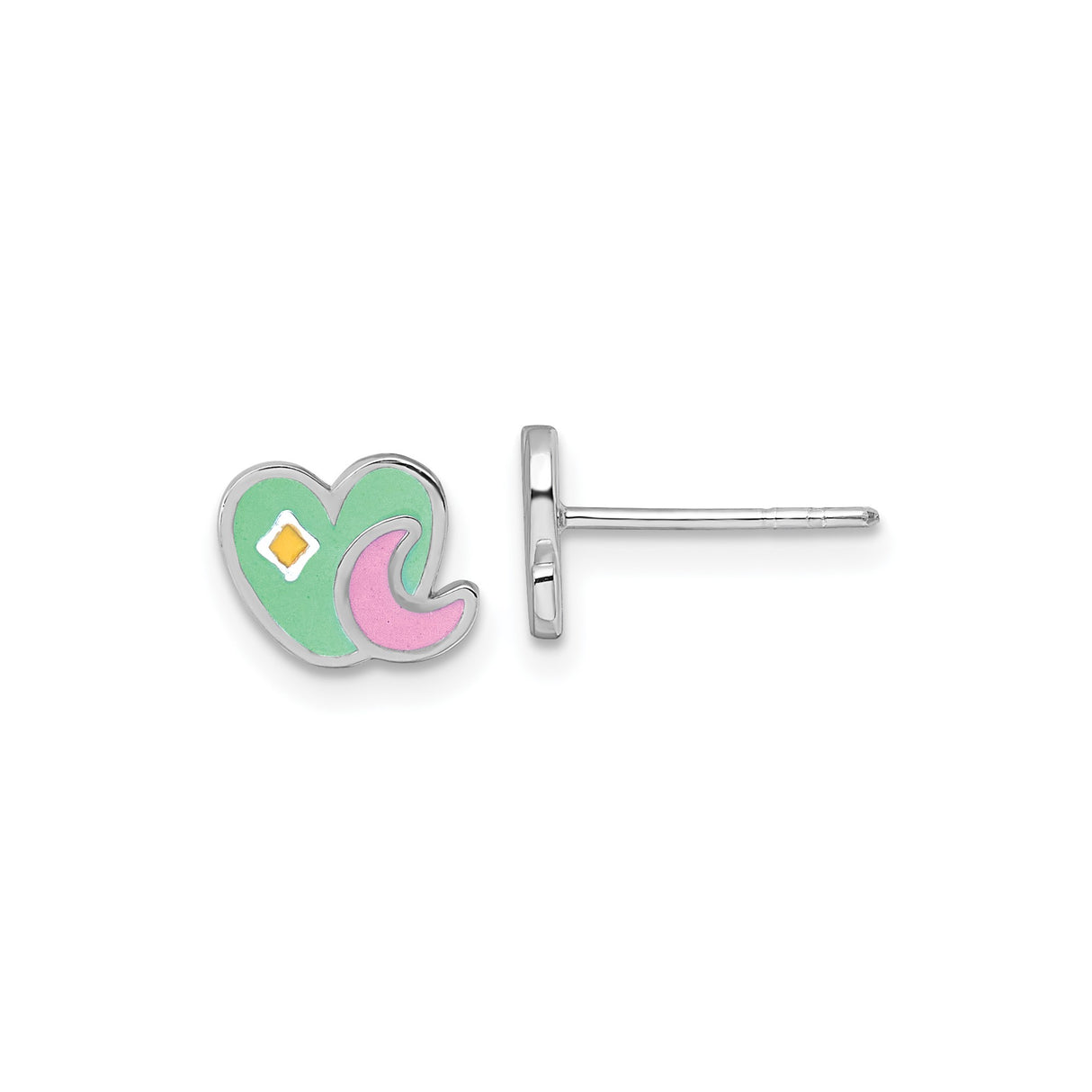 Sterling Silver Heart Stud Earrings with Green Enamel, Pink Moon and Yellow Diamond Design