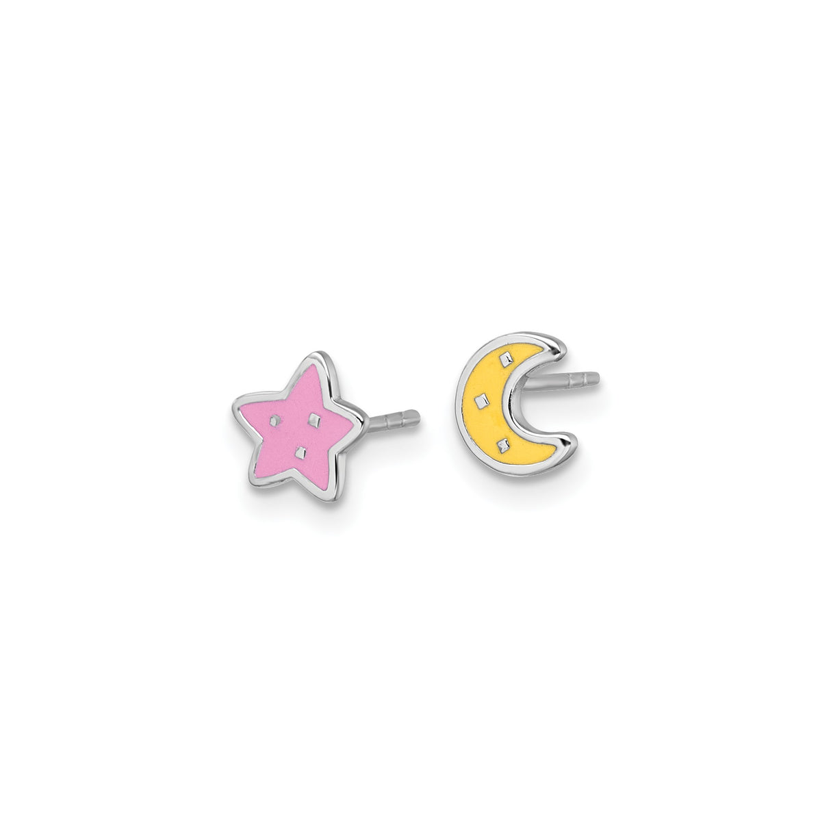 Sterling Silver Stud Earrings with Colorful Enamel Moon and Star Design, Mismatched Celestial Style