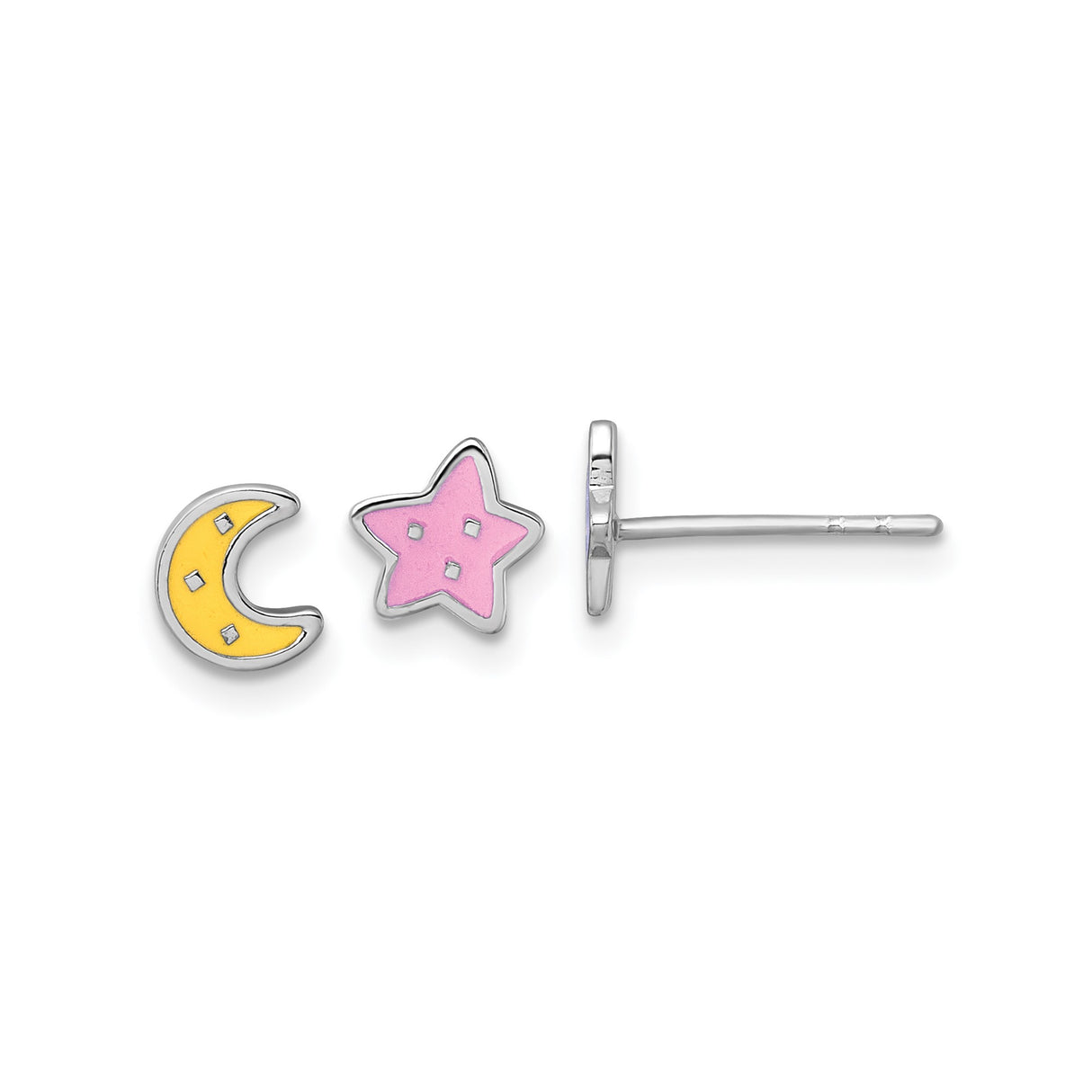 Sterling Silver Stud Earrings with Colorful Enamel Moon and Star Design, Mismatched Celestial Style