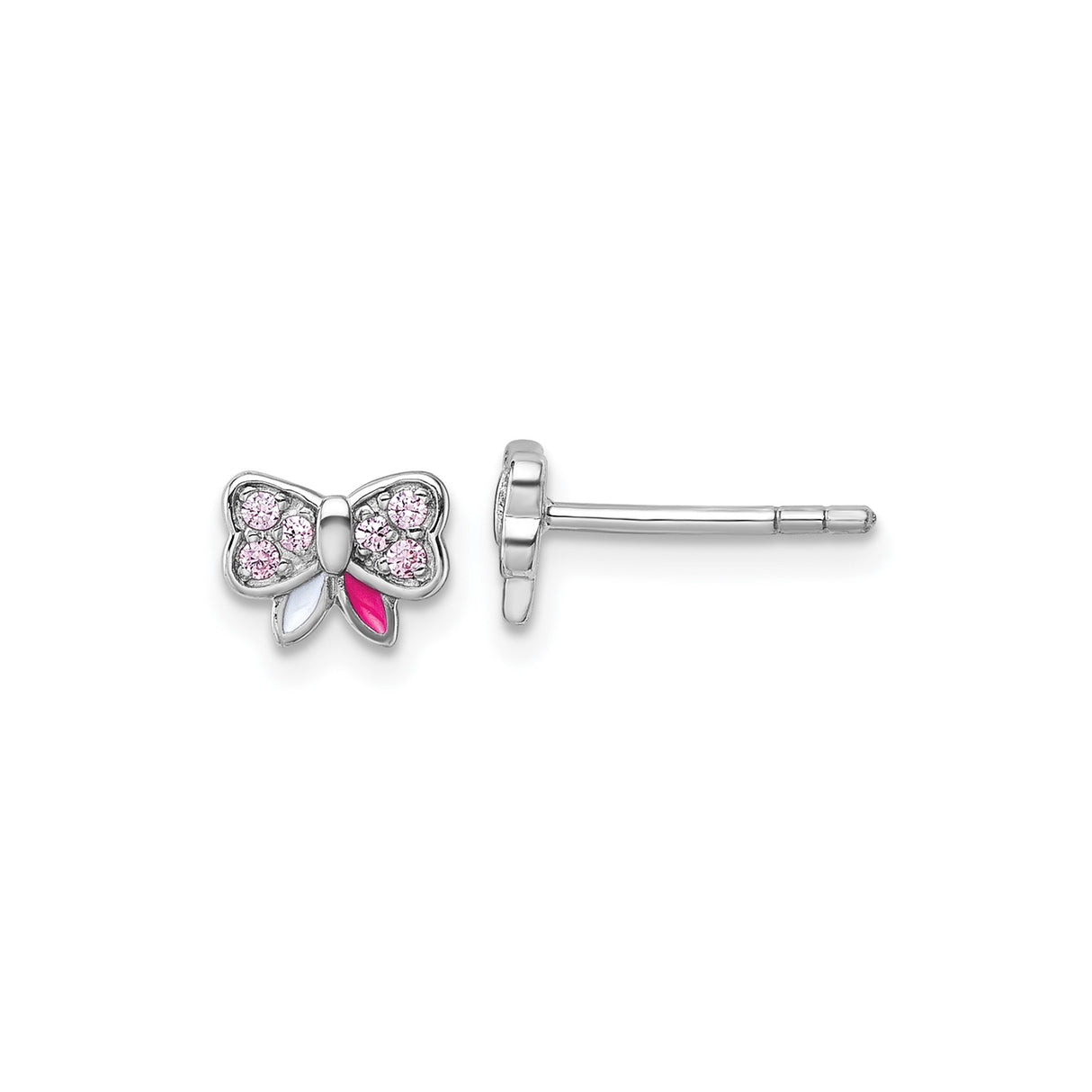 Sterling Silver Butterfly Stud Earrings with Pink Cubic Zirconia and White Enamel for Girls