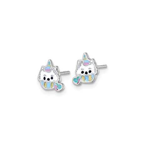 Sterling Silver Unicorn Cupcake Stud Earrings, Colorful Enamel, Whimsical Fantasy Design for Girls