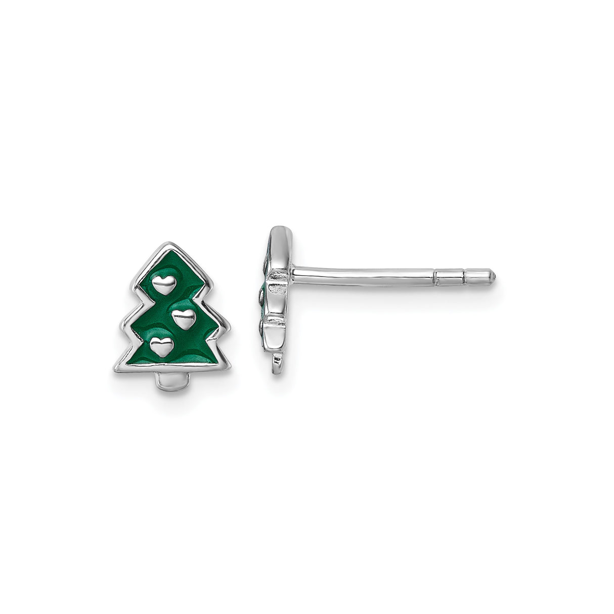 Sterling Silver Christmas Tree Stud Earrings with Green Enamel and Heart Accents