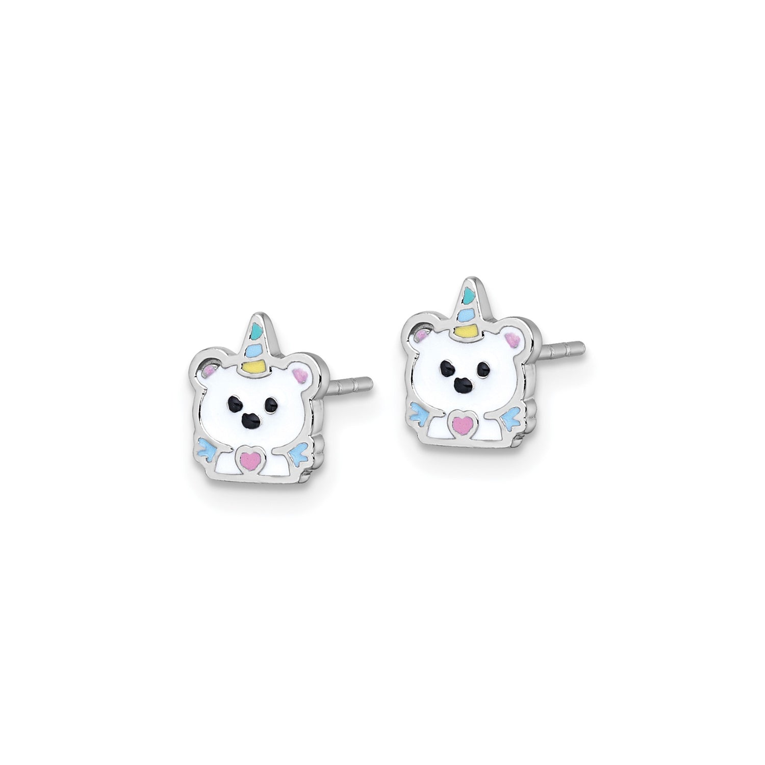 Sterling Silver Unicorn Bear Stud Earrings, Pastel Enamel Heart Design for Girls