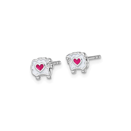 Sterling Silver Sheep Earrings with White Enamel and Pink Heart, Cute Animal Studs for Girls