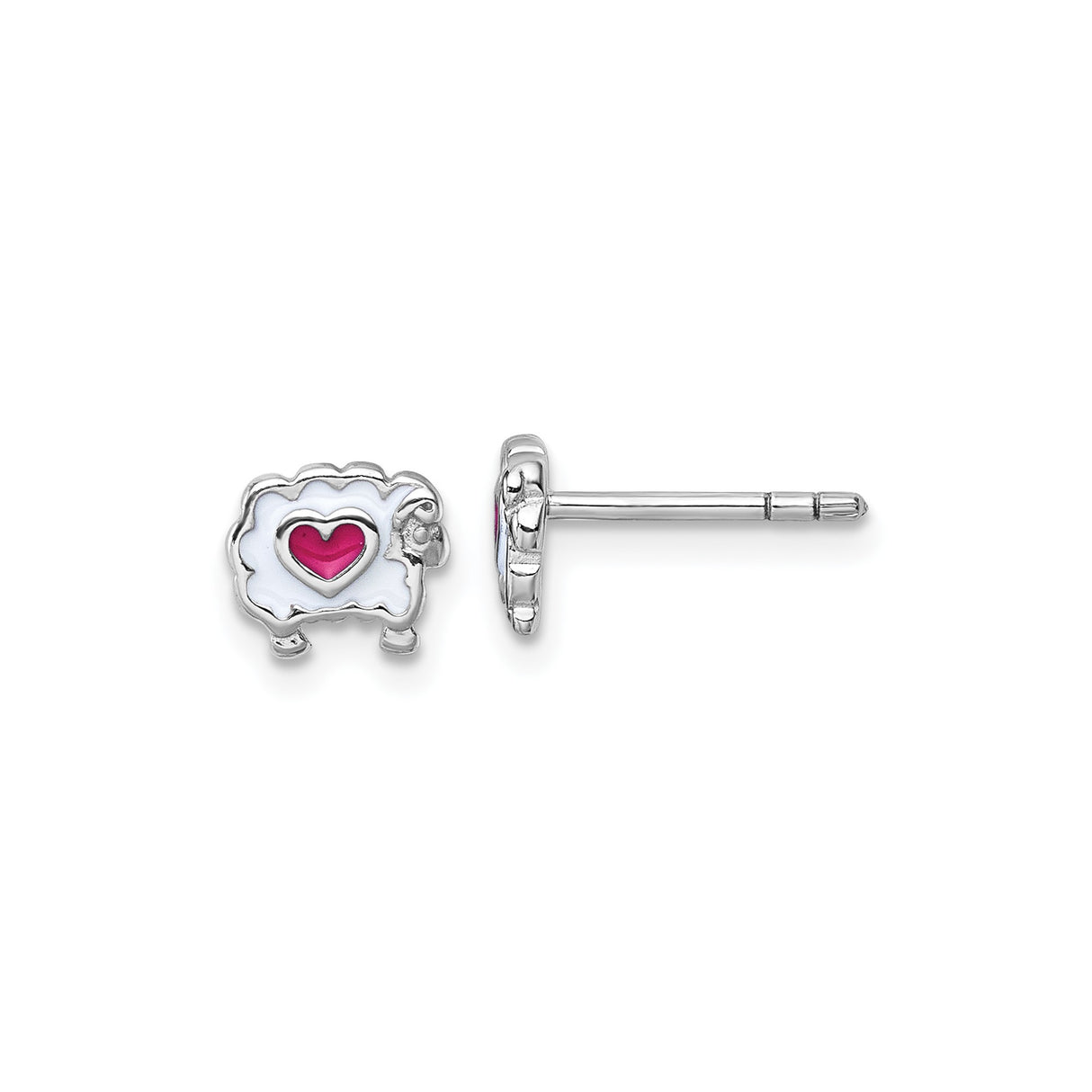 Sterling Silver Sheep Earrings with White Enamel and Pink Heart, Cute Animal Studs for Girls