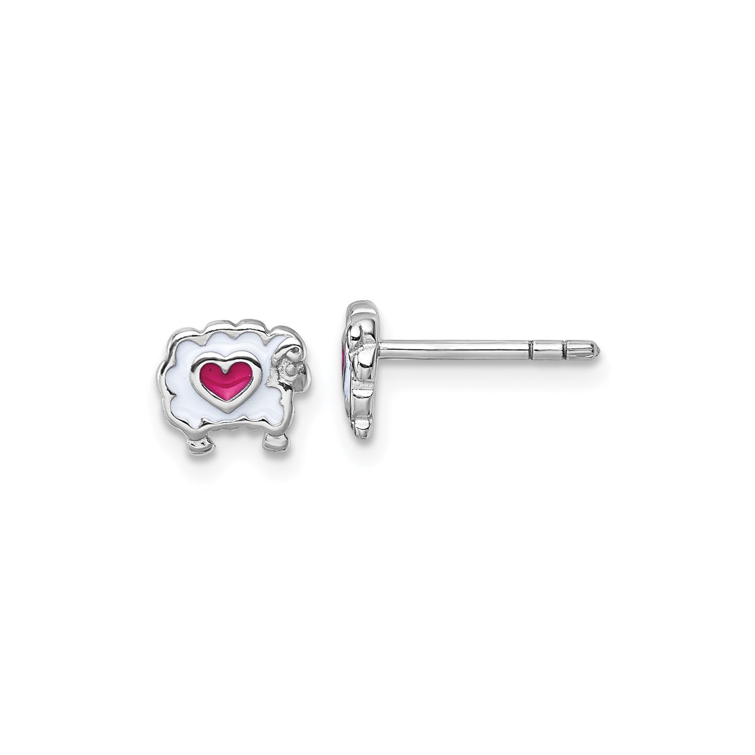 Sterling Silver Sheep Earrings with White Enamel and Pink Heart, Cute Animal Studs for Girls