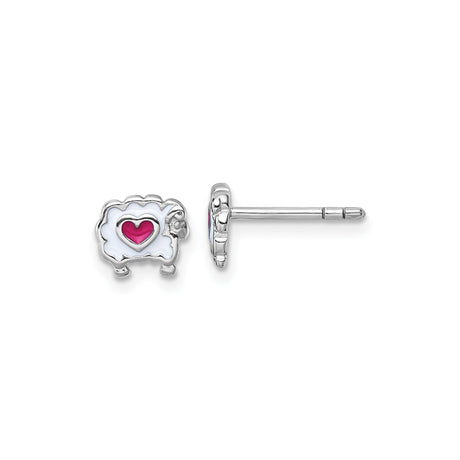 Sterling Silver Sheep Earrings with White Enamel and Pink Heart, Cute Animal Studs for Girls