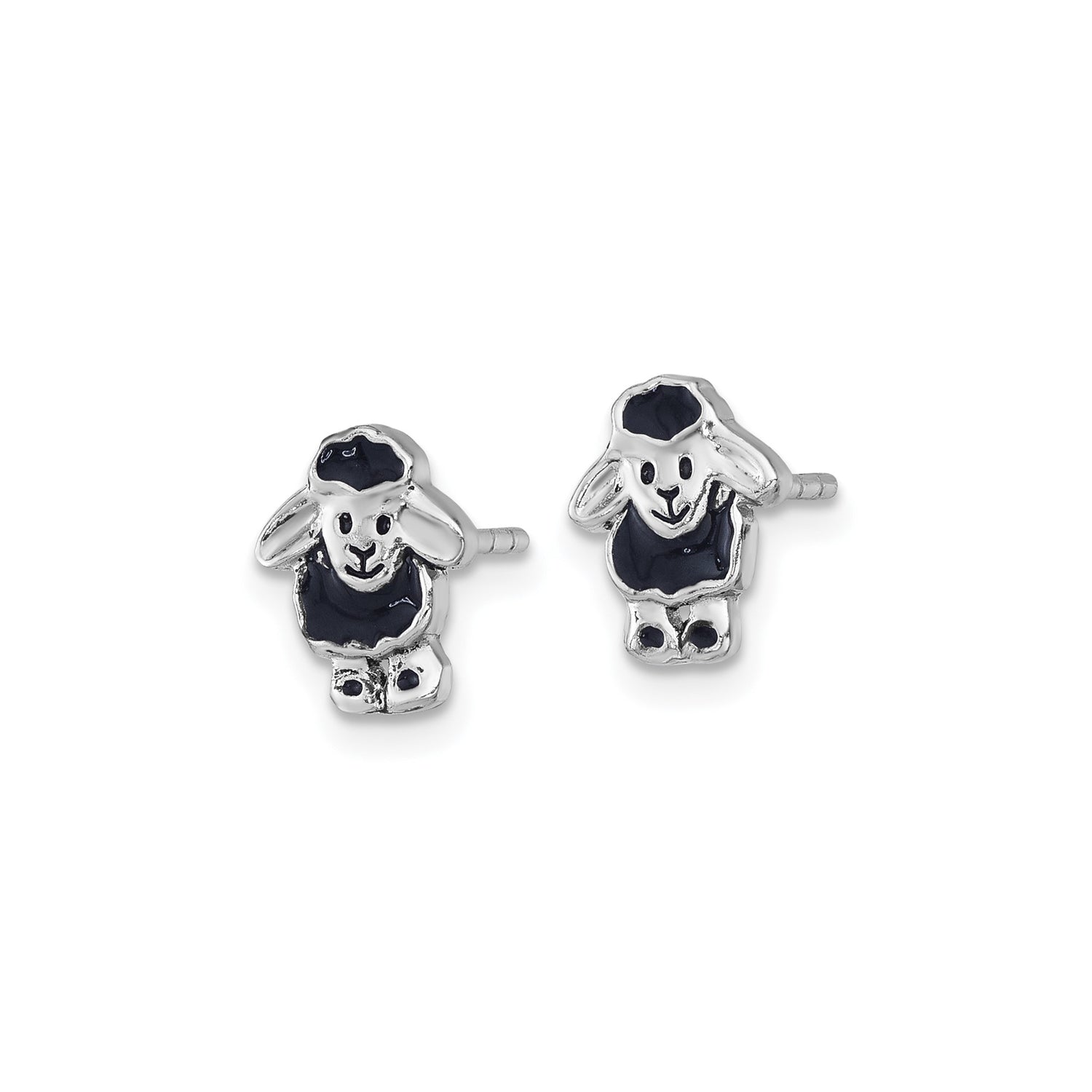 Sterling Silver Lamb Stud Earrings with Black Enamel, Christian Symbol Jewelry