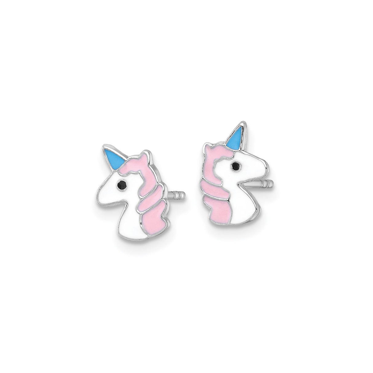 Sterling Silver Unicorn Stud Earrings with Pink and White Enamel and Blue Horn for Girls