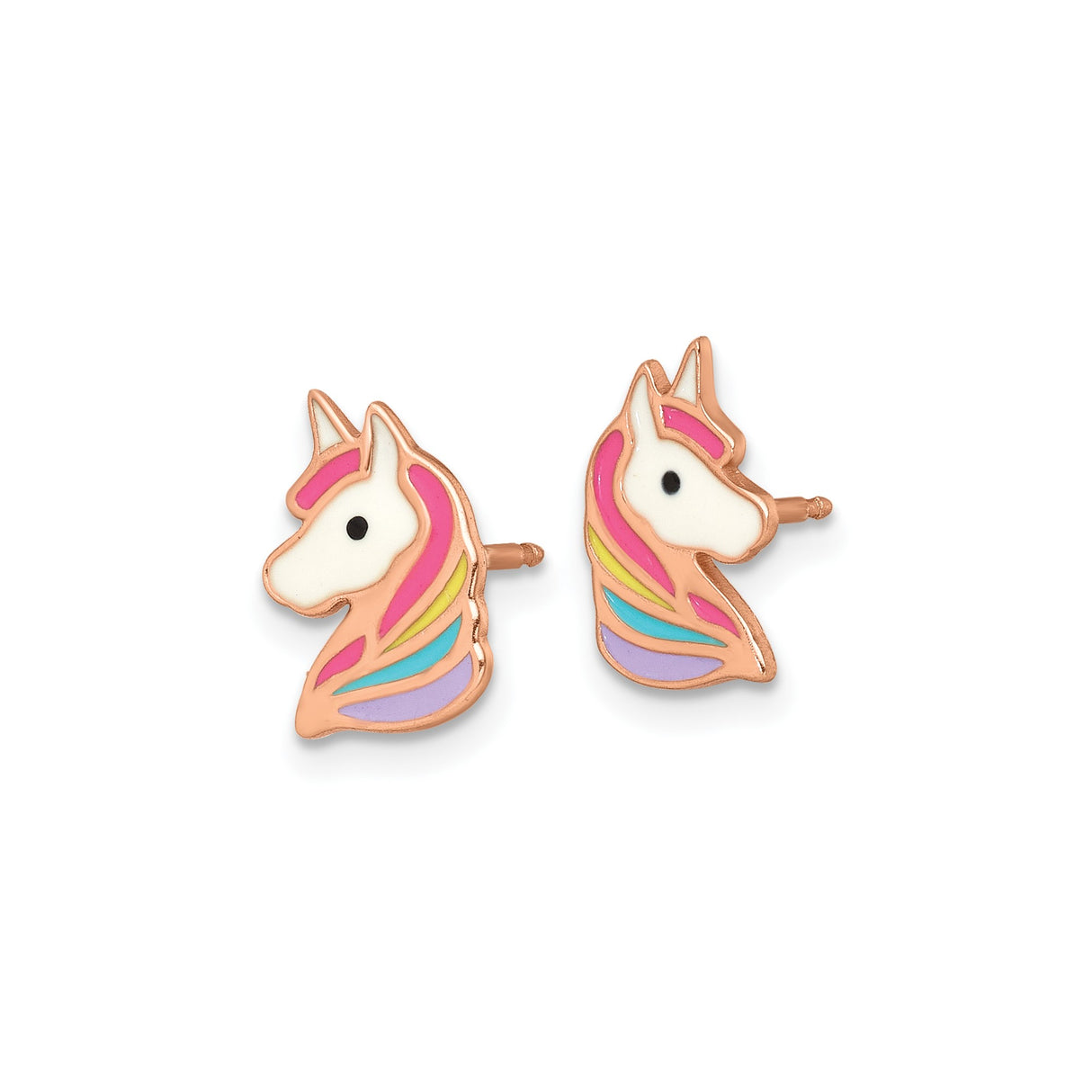 Sterling Silver Unicorn Stud Earrings with Rose Gold Finish and Rainbow Enamel Mane Design
