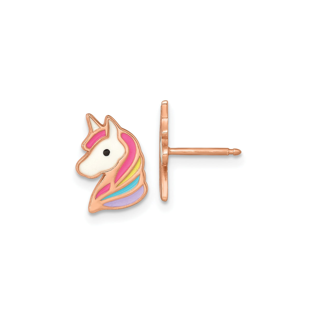 Sterling Silver Unicorn Stud Earrings with Rose Gold Finish and Rainbow Enamel Mane Design