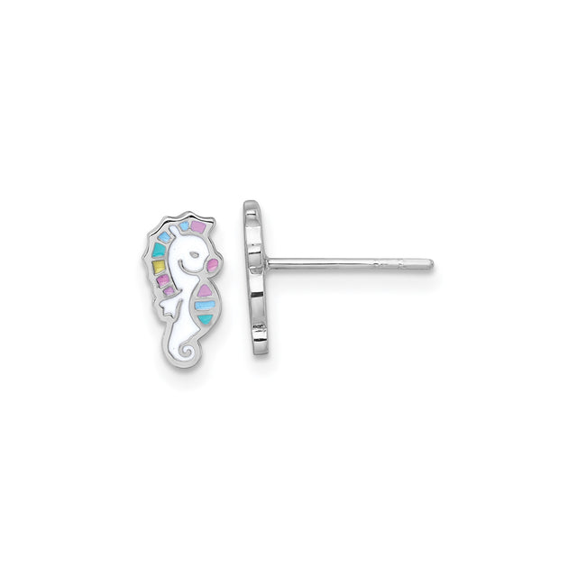 Sterling Silver Seahorse Stud Earrings with Colorful Enamel Accents, Nautical Ocean Style